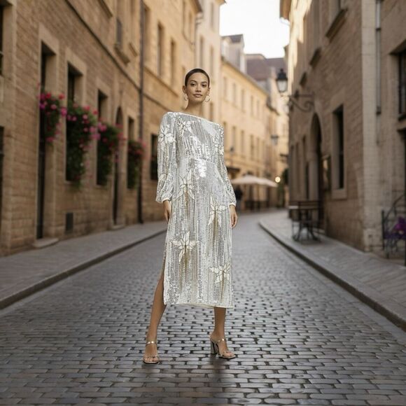 River Island Dresses & Skirts - River Island London‎ Floral Sequin Fringe Long Sleeve MIDI Party Holiday Dresd